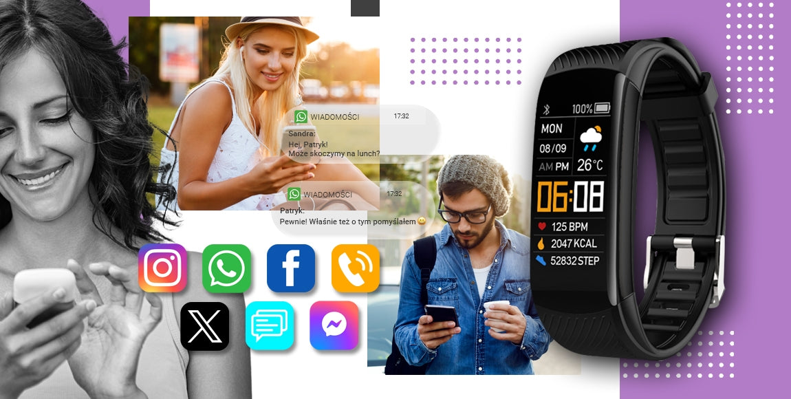 Smartwatch GIEWONT Czarno Jasnofioletowy 2 Paski GW200-8